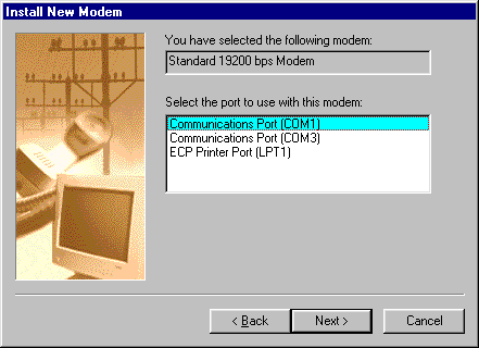 Install New Modem dialog box - COM port